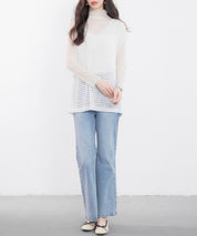 透かし編みVネック半袖ニットトップスsdp8003 ホワイト