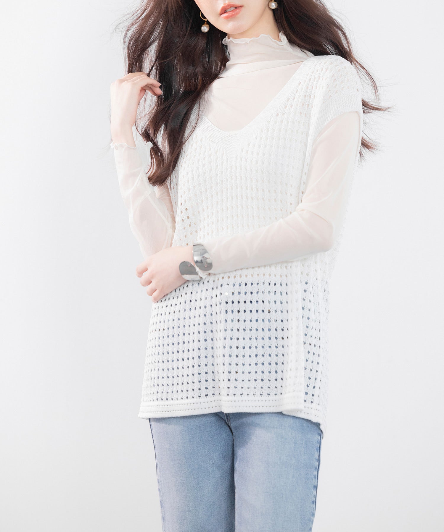 透かし編みVネック半袖ニットトップスsdp8003 ホワイト