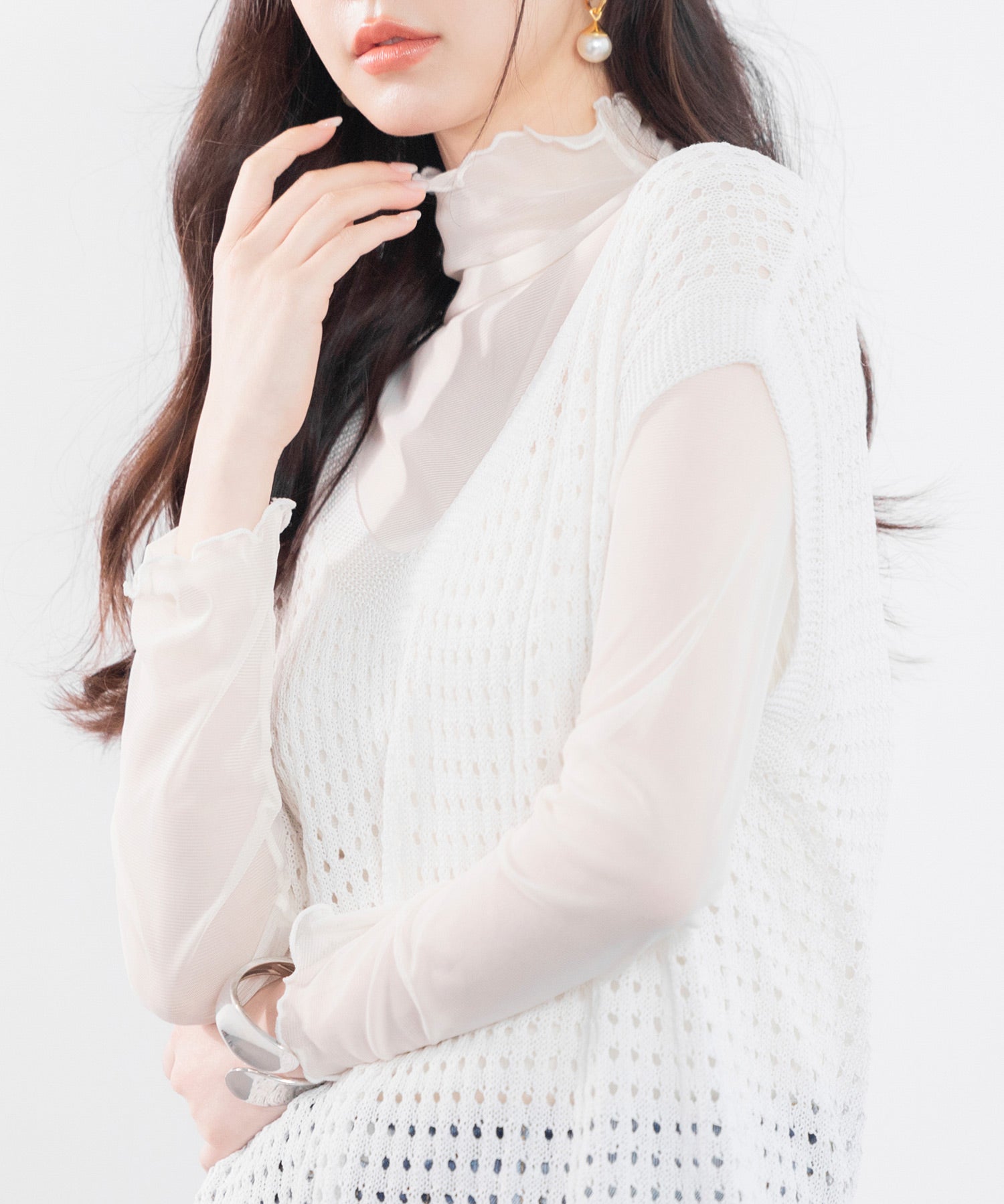 透かし編みVネック半袖ニットトップスsdp8003 ホワイト