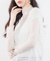 透かし編みVネック半袖ニットトップスsdp8003 ホワイト