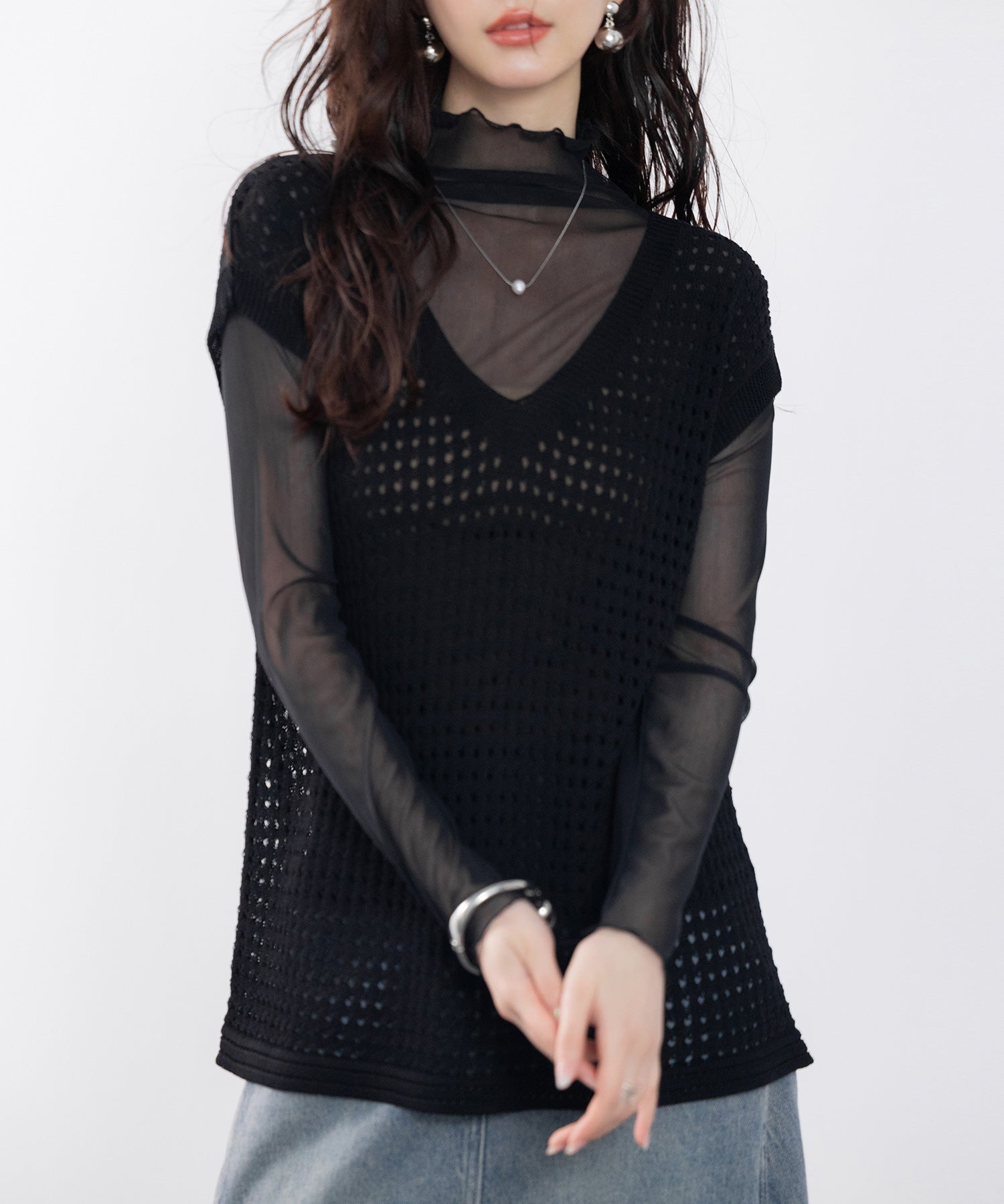 透かし編みVネック半袖ニットトップスsdp8003-103-8