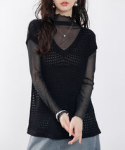 透かし編みVネック半袖ニットトップスsdp8003-103-8