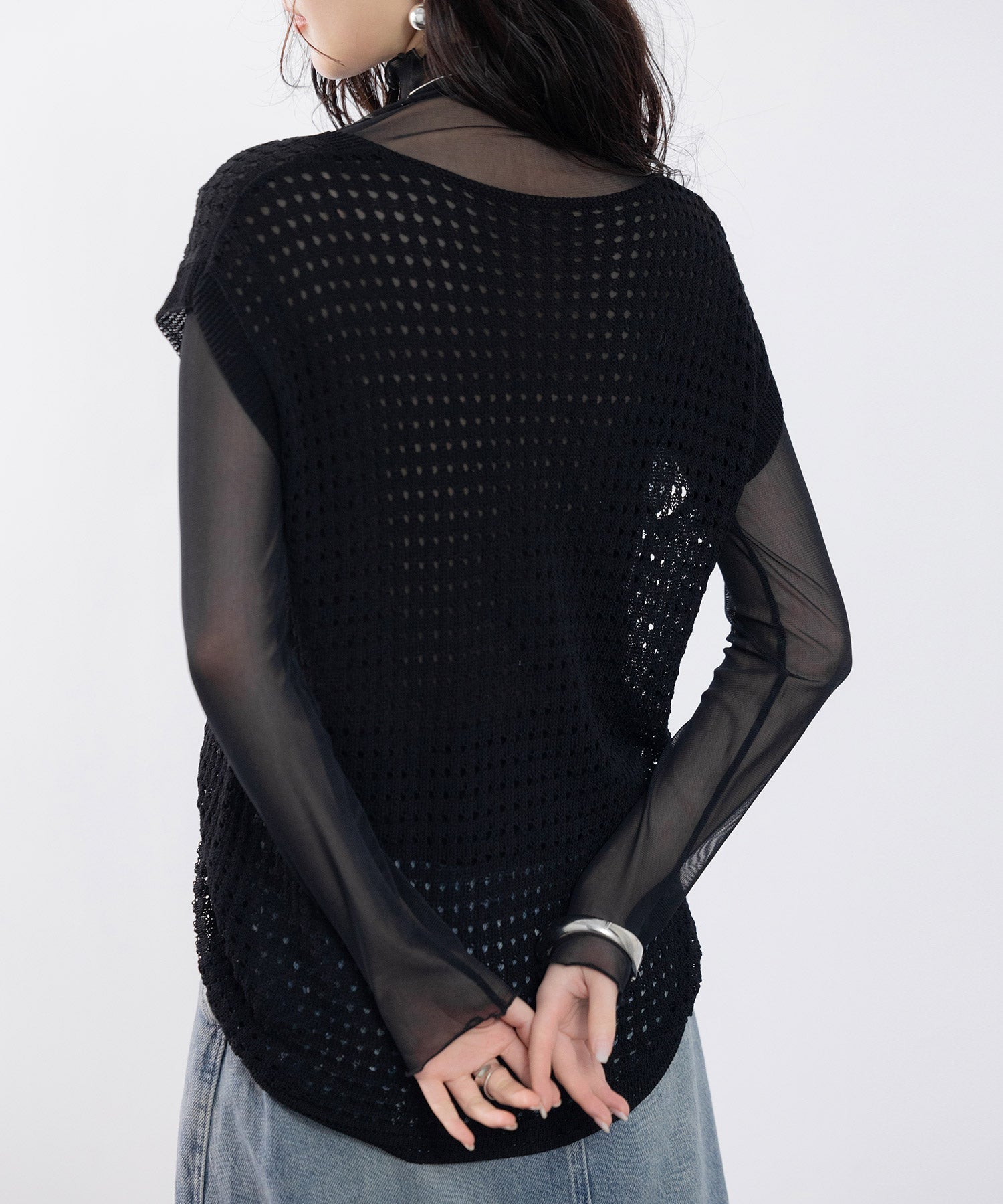 透かし編みVネック半袖ニットトップスsdp8003 ブラック