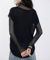 透かし編みVネック半袖ニットトップスsdp8003 ブラック