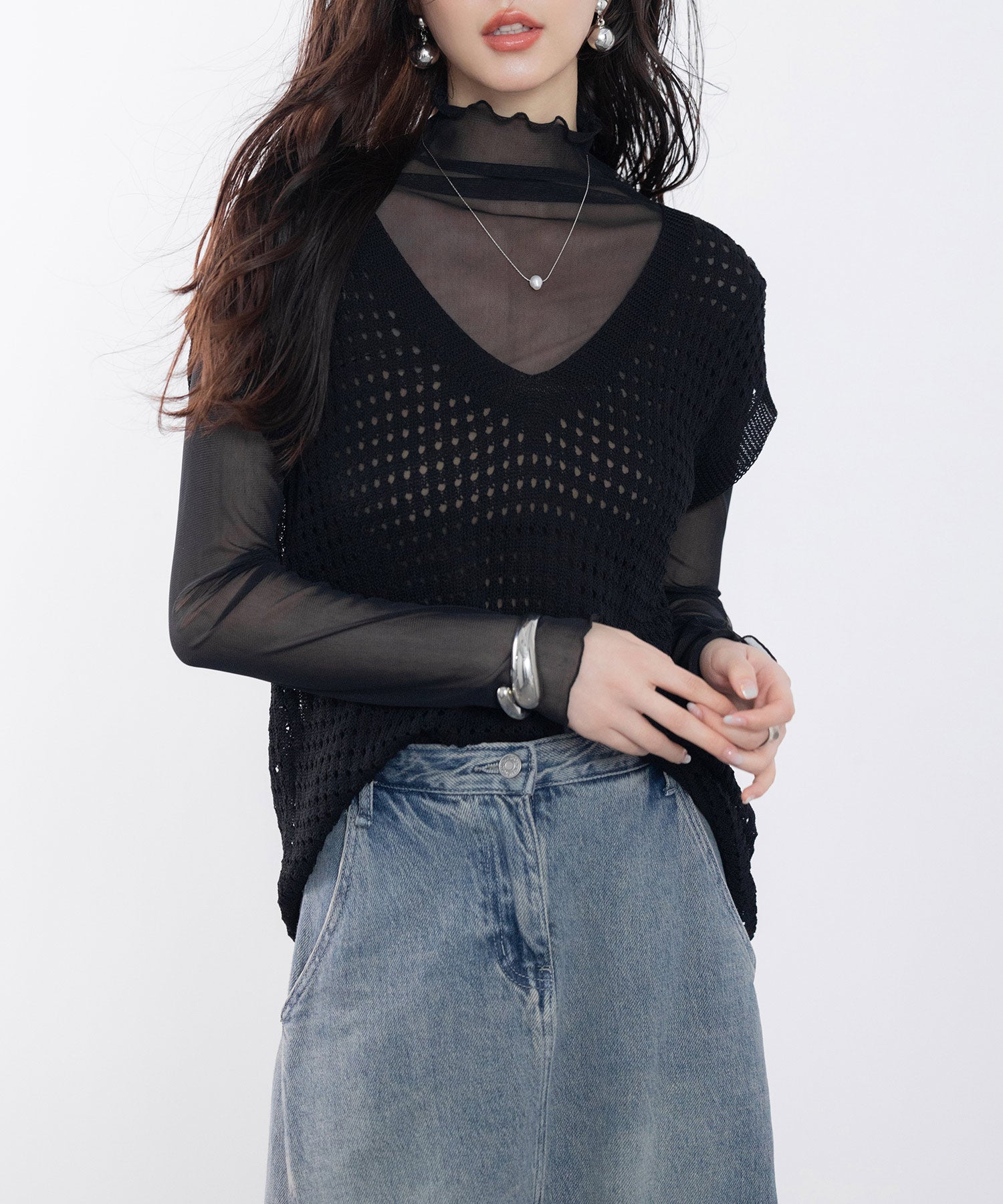 透かし編みVネック半袖ニットトップスsdp8003 ブラック