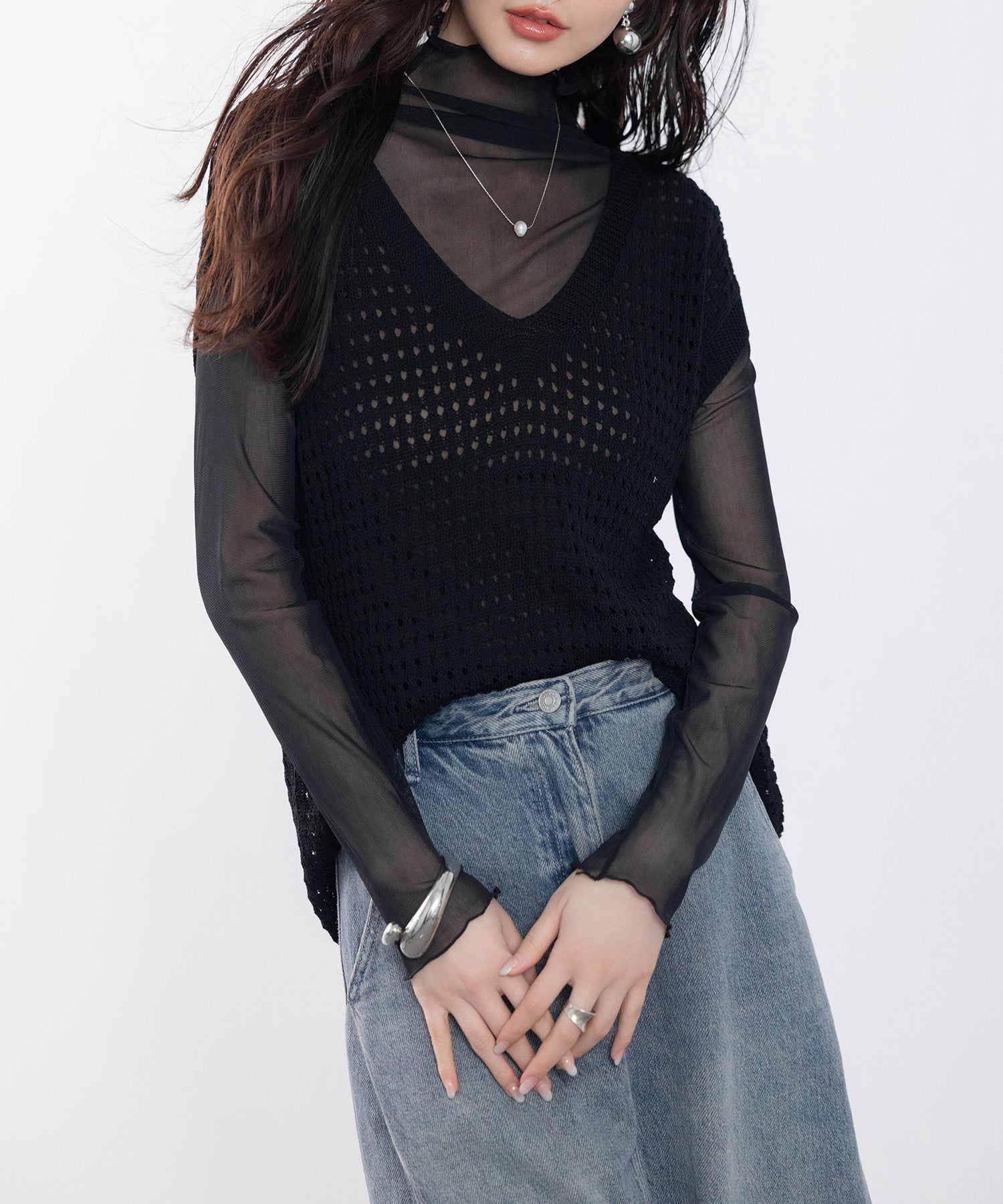 透かし編みVネック半袖ニットトップスsdp8003 ブラック