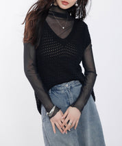 透かし編みVネック半袖ニットトップスsdp8003 ブラック