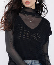 透かし編みVネック半袖ニットトップスsdp8003 ブラック