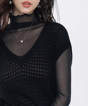 透かし編みVネック半袖ニットトップスsdp8003 ブラック