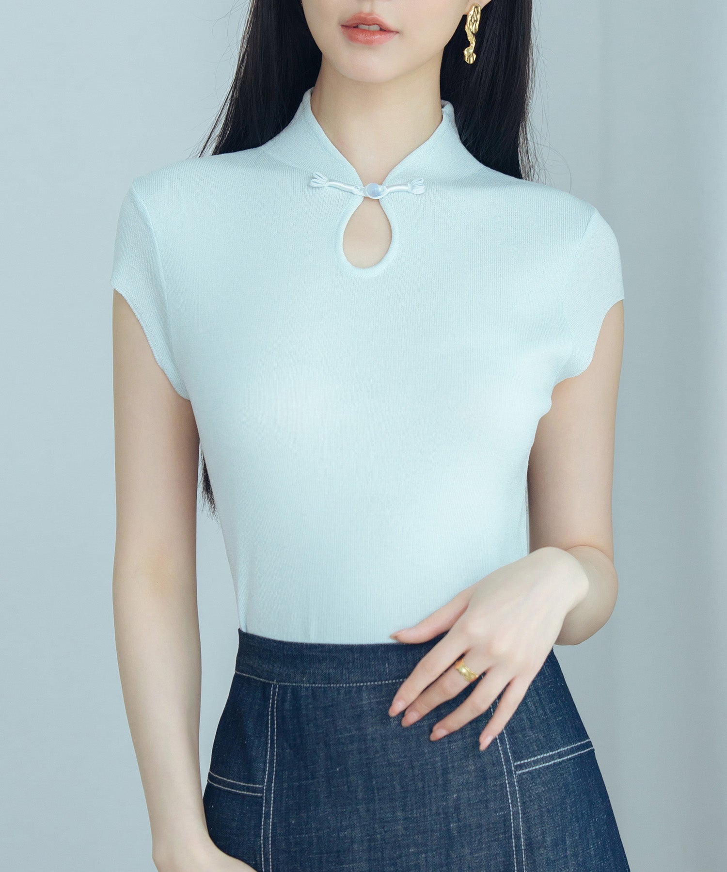 デコルテ涙開きフレンチスリーブニットsdp8005 ブルー