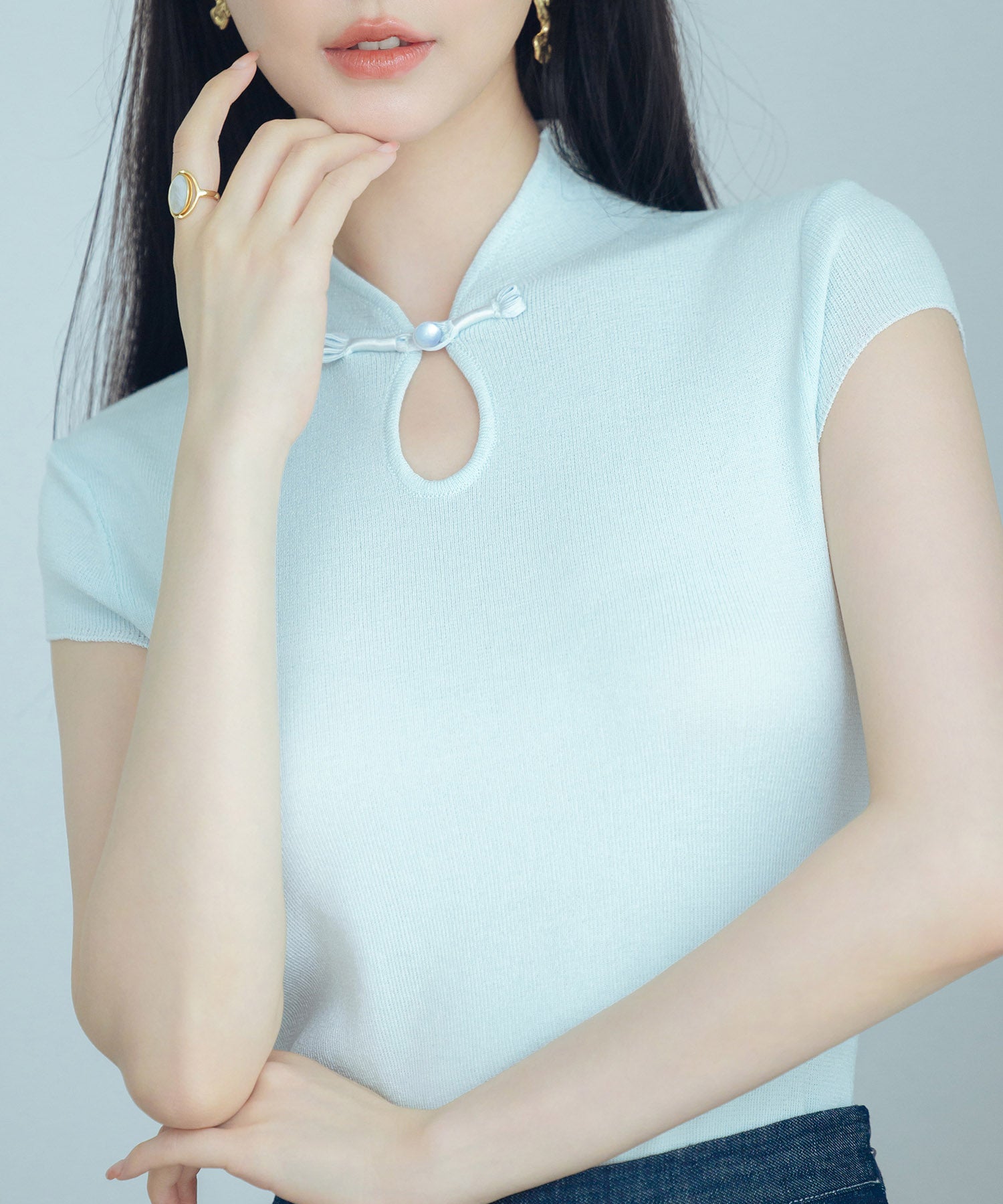 デコルテ涙開きフレンチスリーブニットsdp8005 ブルー