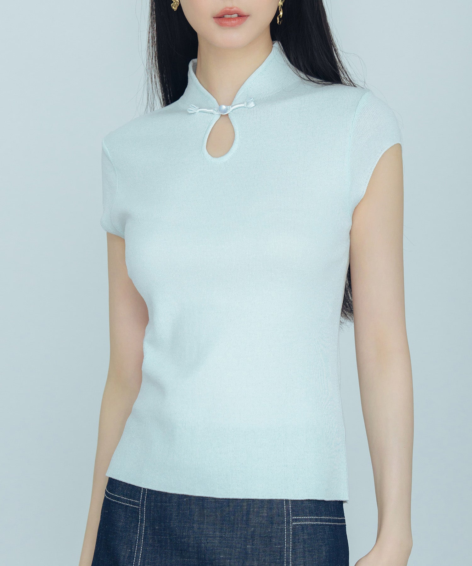 デコルテ涙開きフレンチスリーブニットsdp8005 ブルー