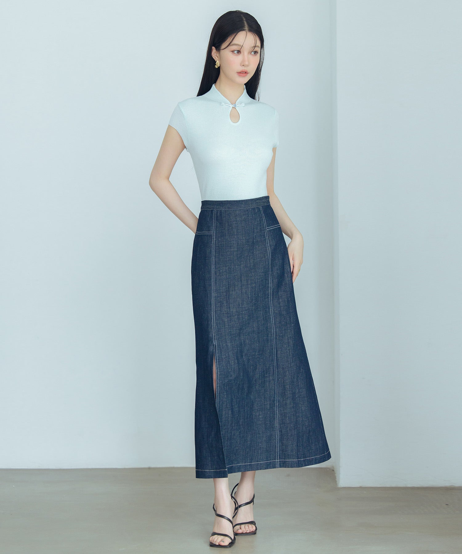 デコルテ涙開きフレンチスリーブニットsdp8005 ブルー