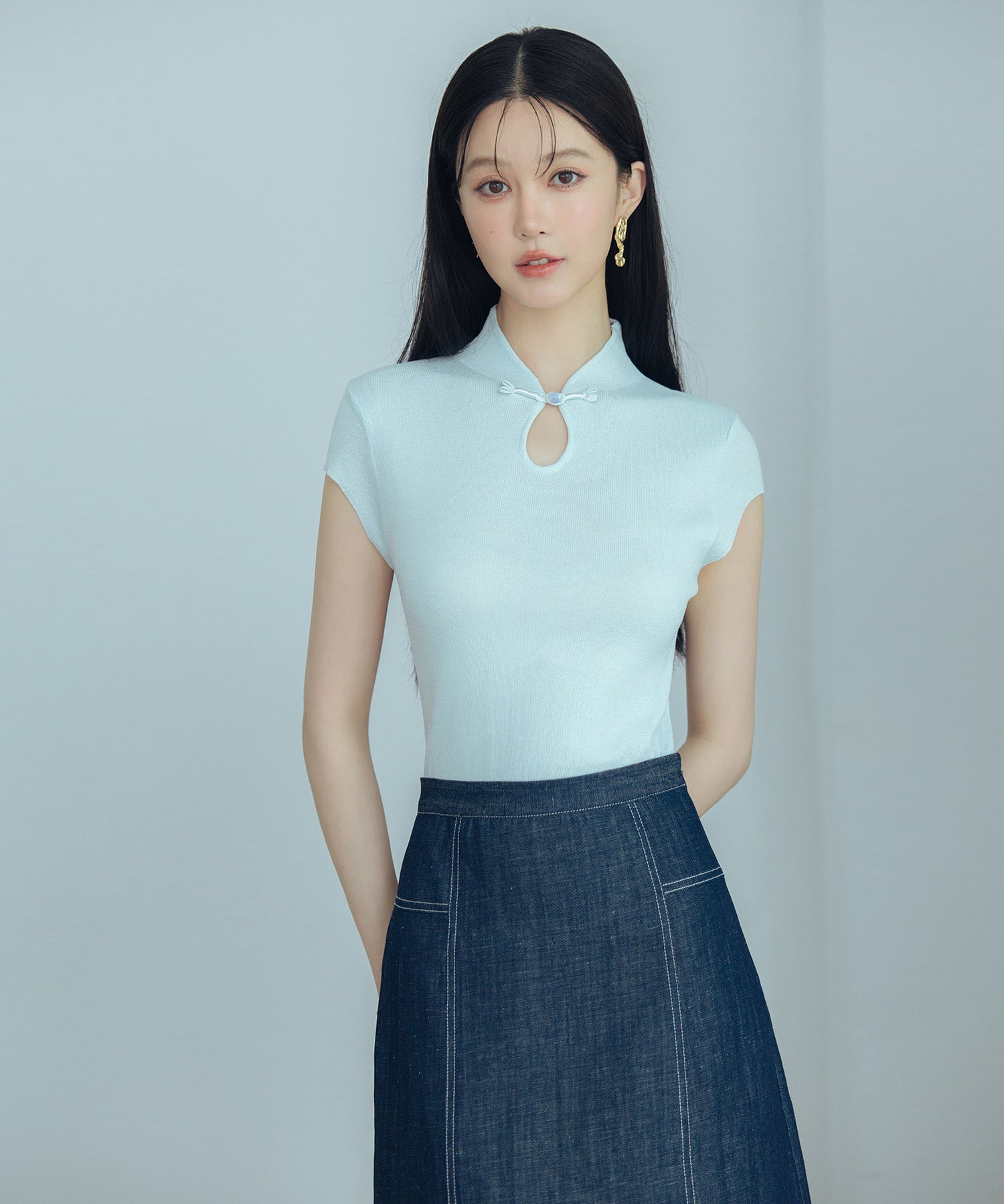 デコルテ涙開きフレンチスリーブニットsdp8005 ブルー