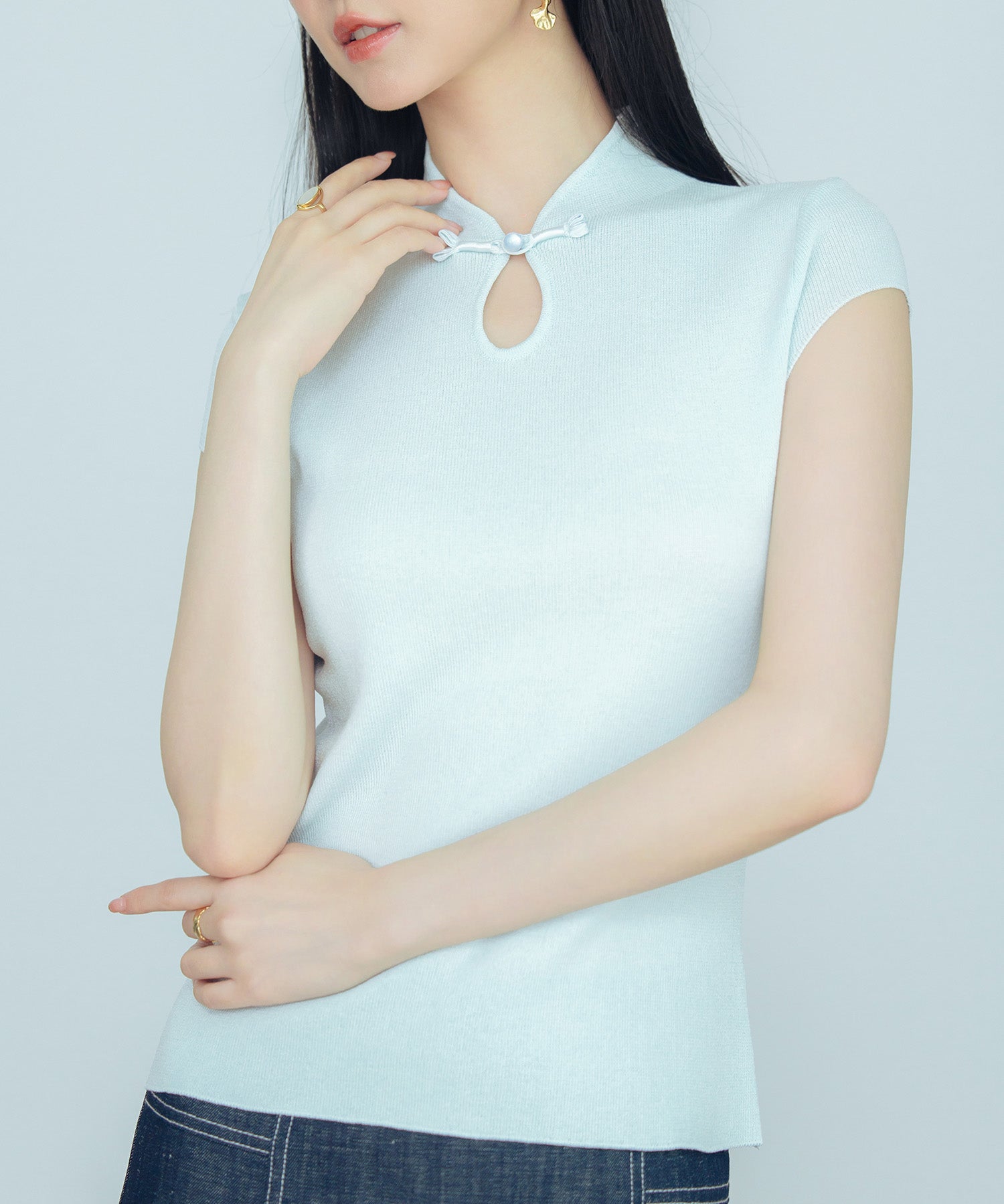 デコルテ涙開きフレンチスリーブニットsdp8005 ブルー