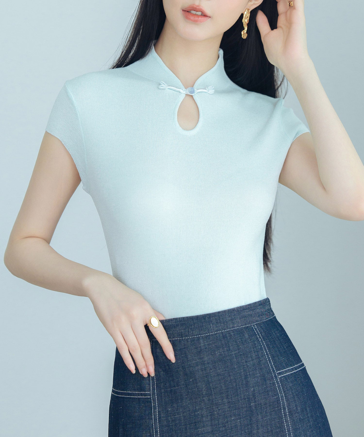 デコルテ涙開きフレンチスリーブニットsdp8005 ブルー