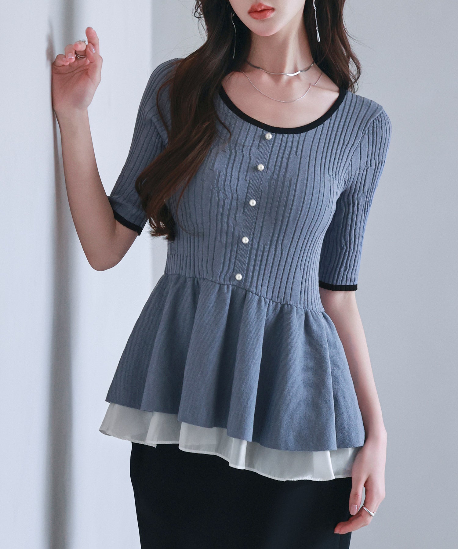 異素材レイヤードニットプルオーバーsdp8008b ブルーグレー