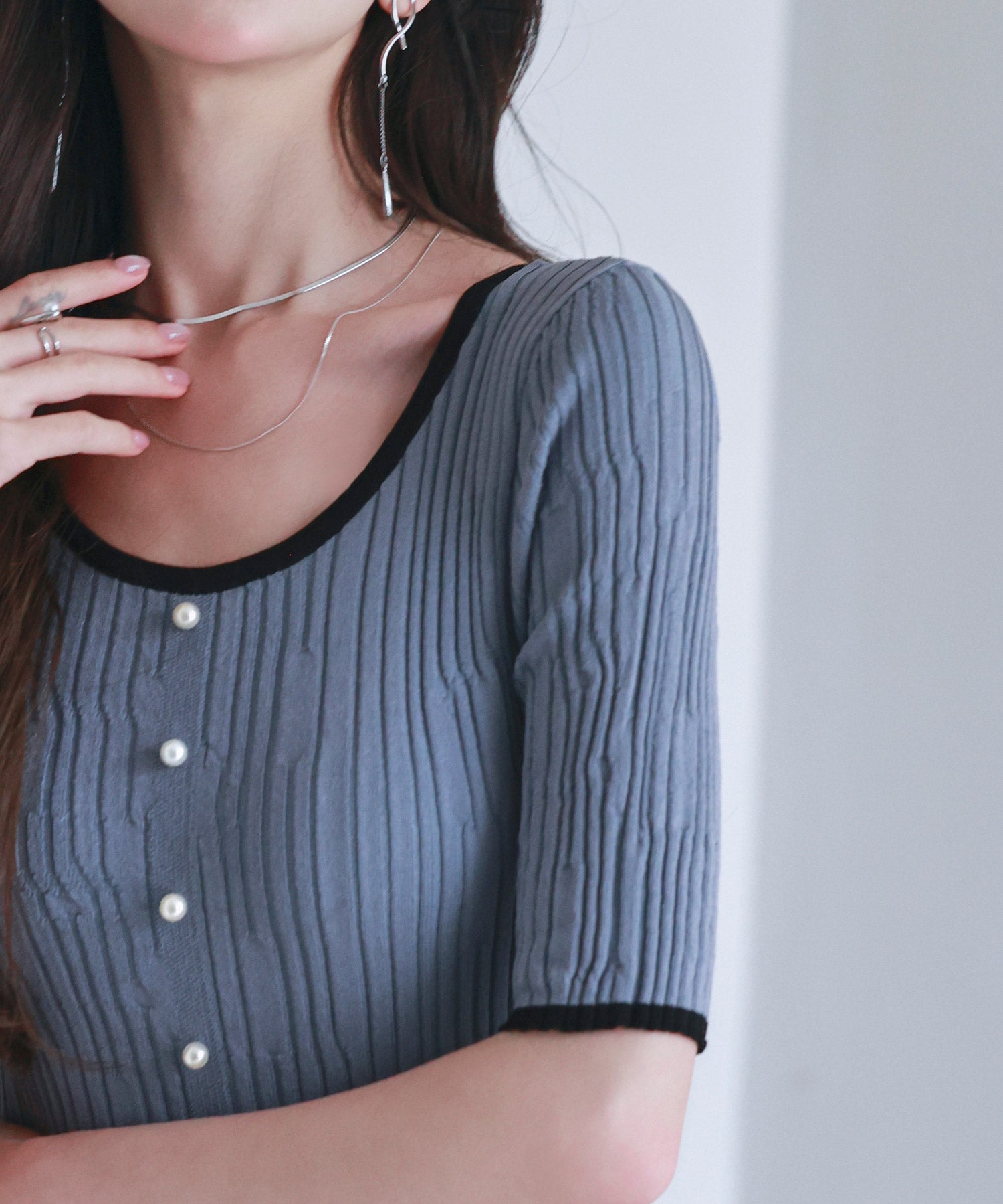 異素材レイヤードニットプルオーバーsdp8008b ブルーグレー