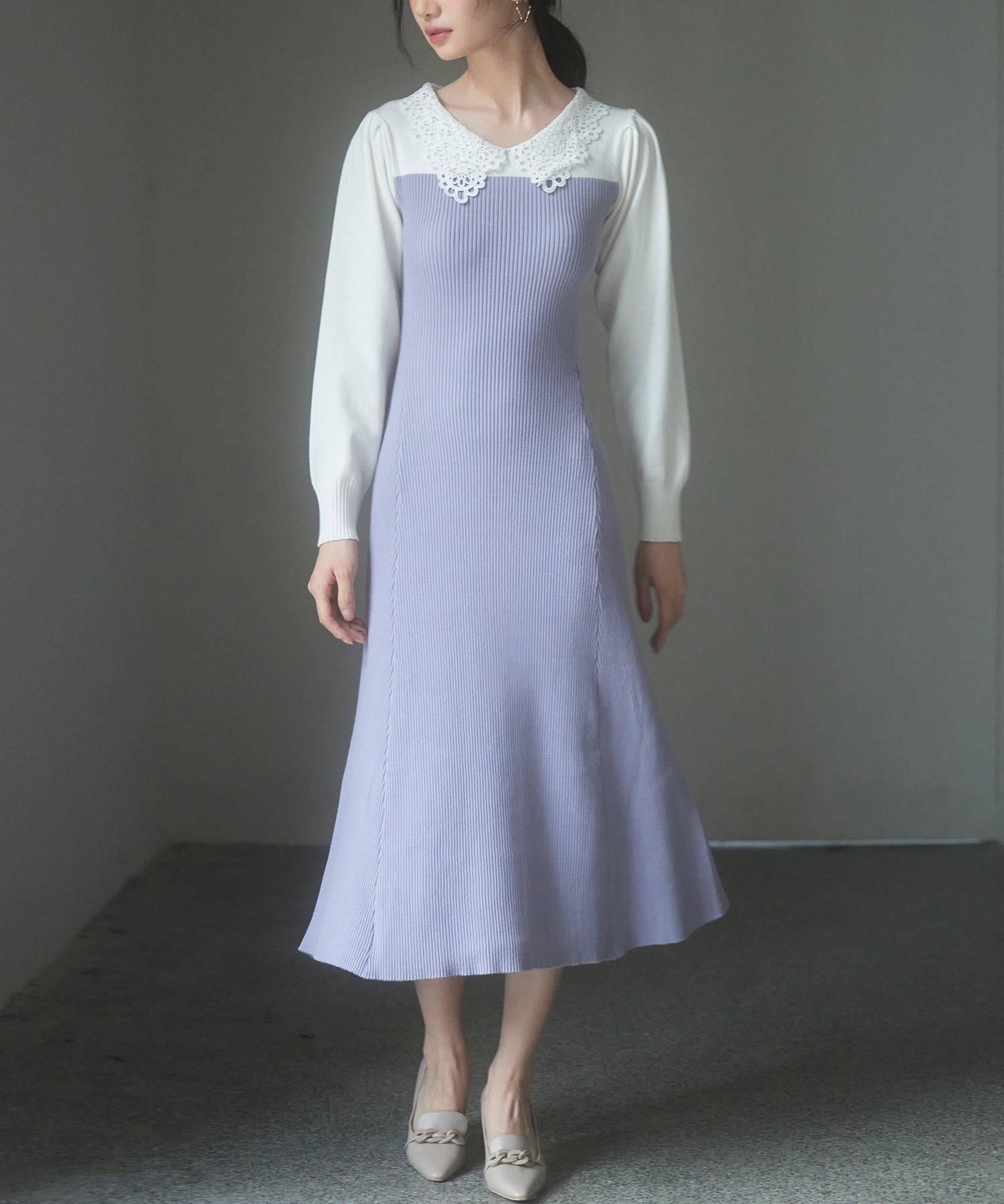 レース襟バイカラーニットワンピースsdp8017-103-100