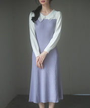 レース襟バイカラーニットワンピースsdp8017 ラベンダー