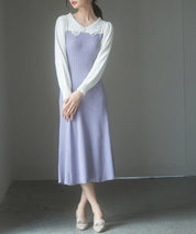 レース襟バイカラーニットワンピースsdp8017 ラベンダー