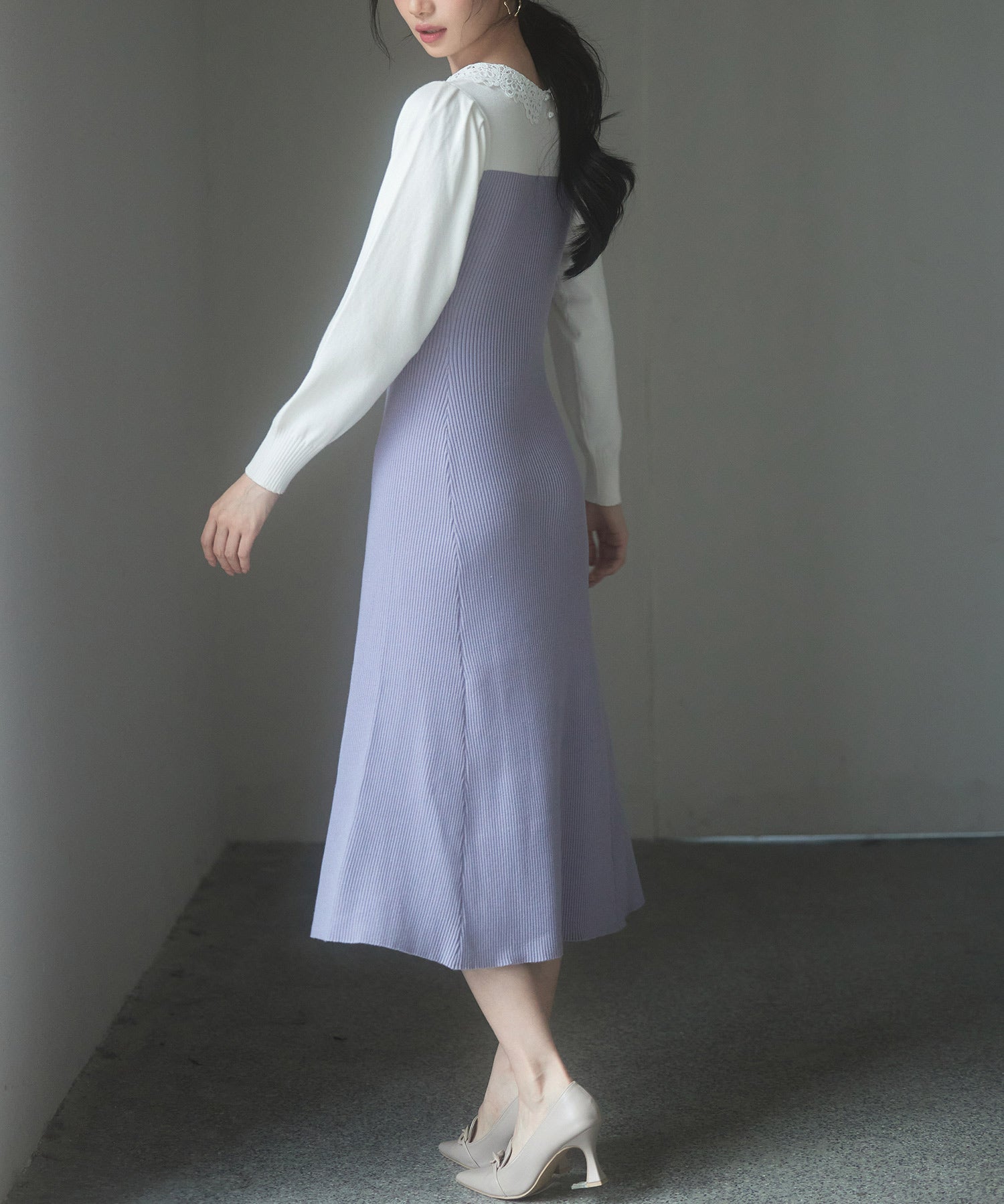 レース襟バイカラーニットワンピースsdp8017 ラベンダー