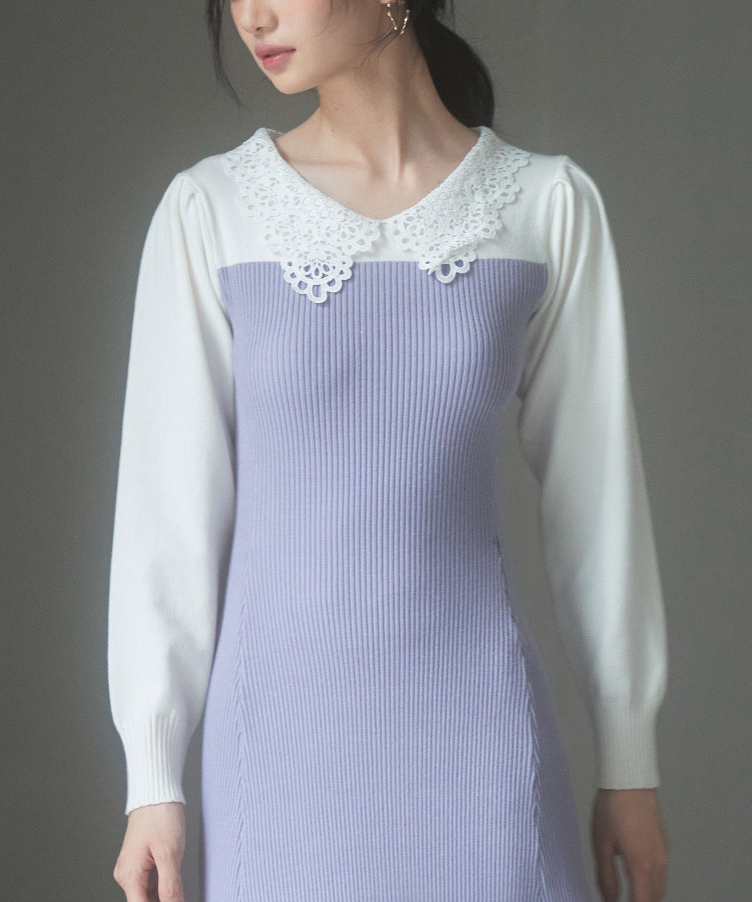 レース襟バイカラーニットワンピースsdp8017 ラベンダー
