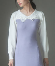 レース襟バイカラーニットワンピースsdp8017 ラベンダー