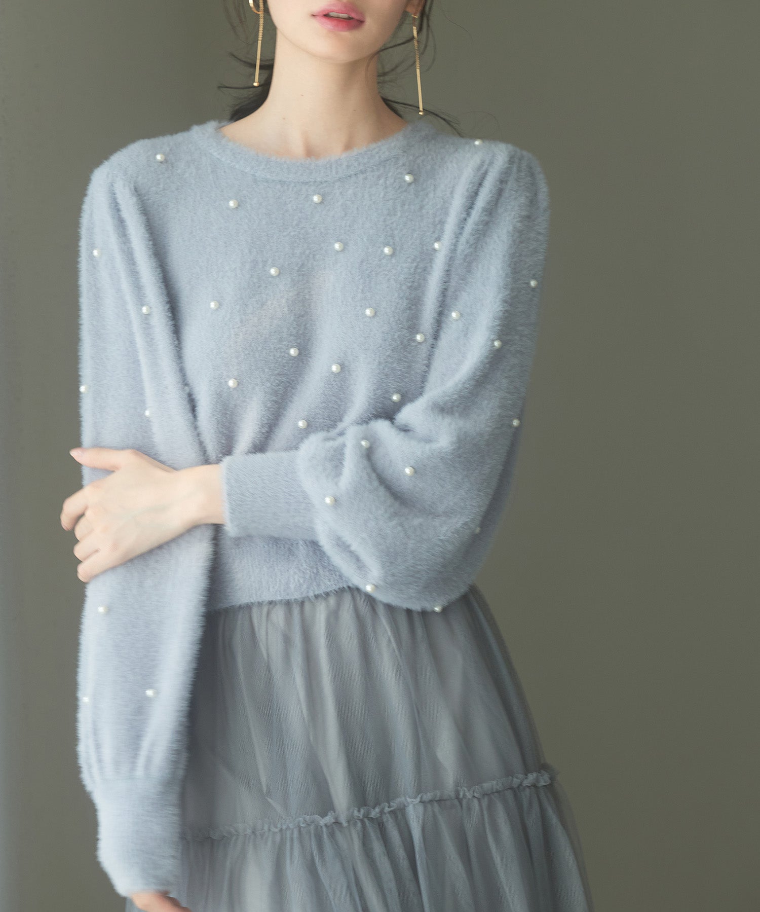 パール付きシャギー素材ニットプルオーバーsdp8020 ブルーグレー