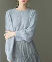 パール付きシャギー素材ニットプルオーバーsdp8020 ブルーグレー