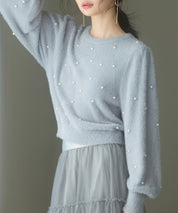 パール付きシャギー素材ニットプルオーバーsdp8020 ブルーグレー