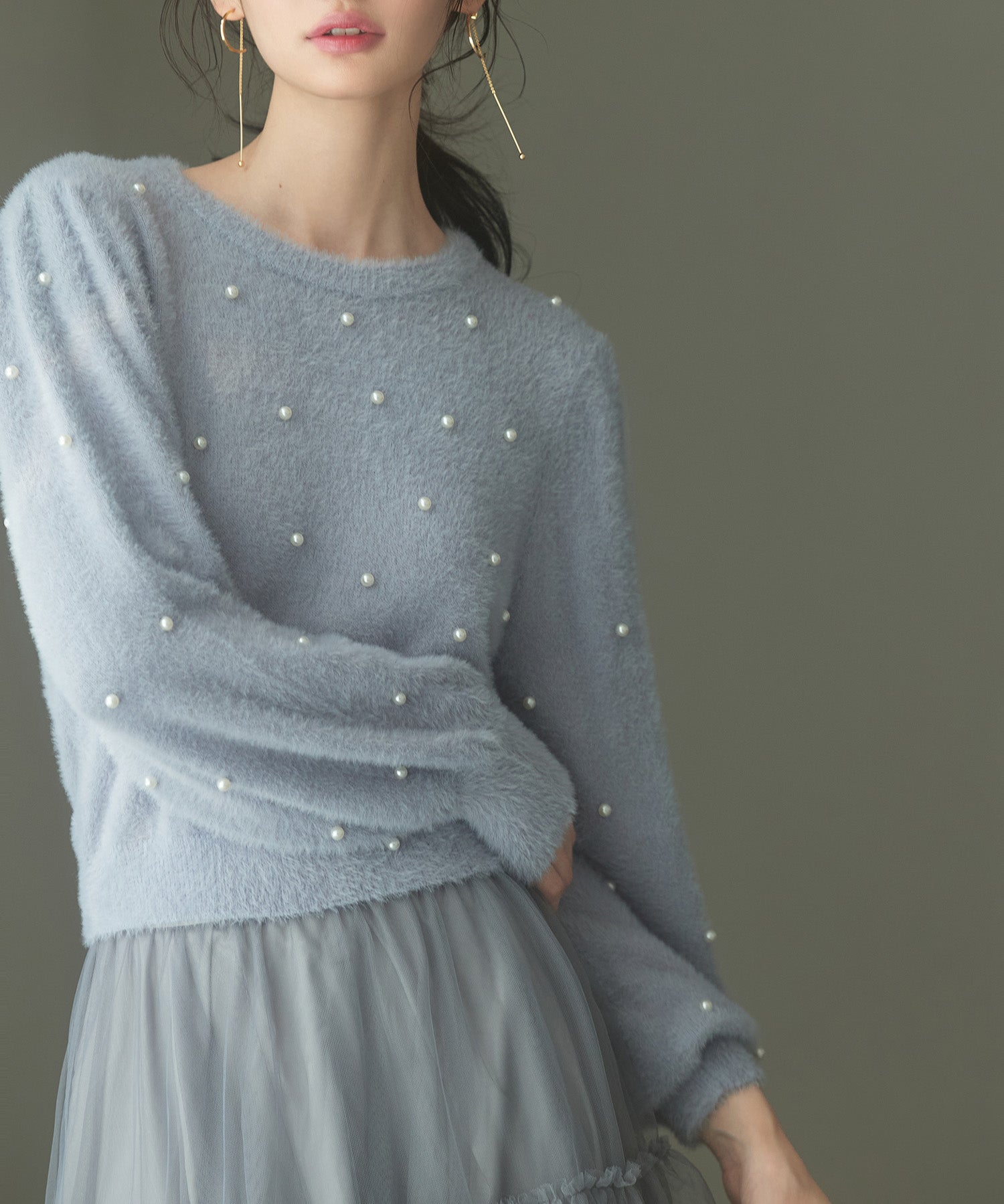 パール付きシャギー素材ニットプルオーバーsdp8020 ブルーグレー
