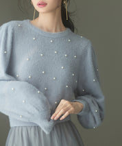 パール付きシャギー素材ニットプルオーバーsdp8020 ブルーグレー