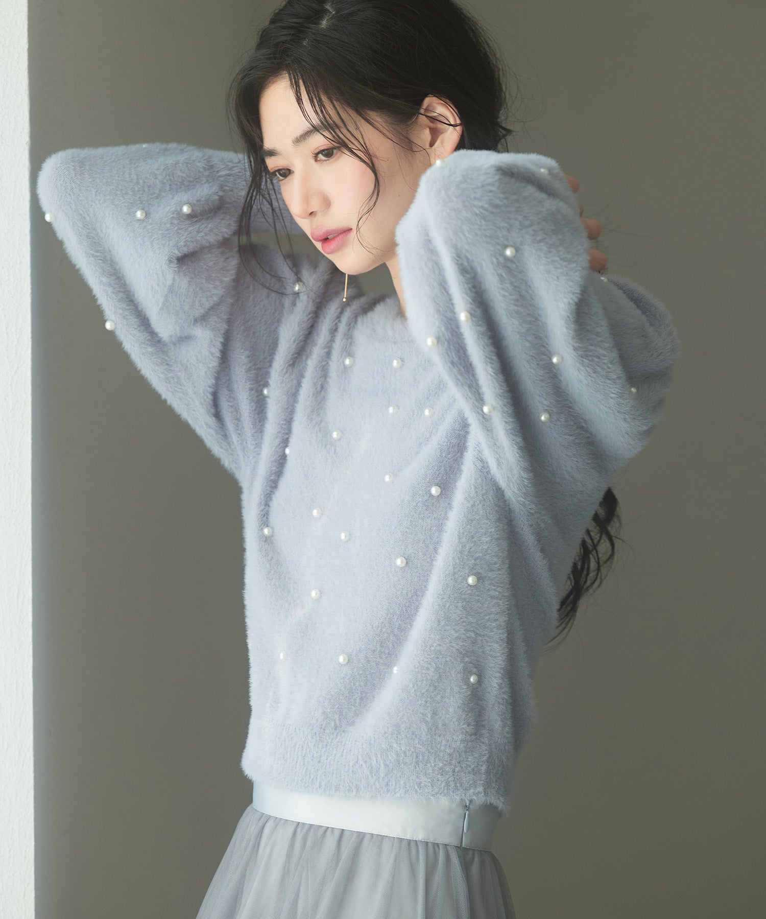 パール付きシャギー素材ニットプルオーバーsdp8020 ブルーグレー