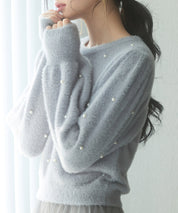 パール付きシャギー素材ニットプルオーバーsdp8020 ブルーグレー