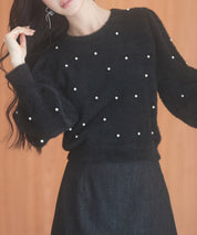 パール付きシャギー素材ニットプルオーバーsdp8020 ブラック