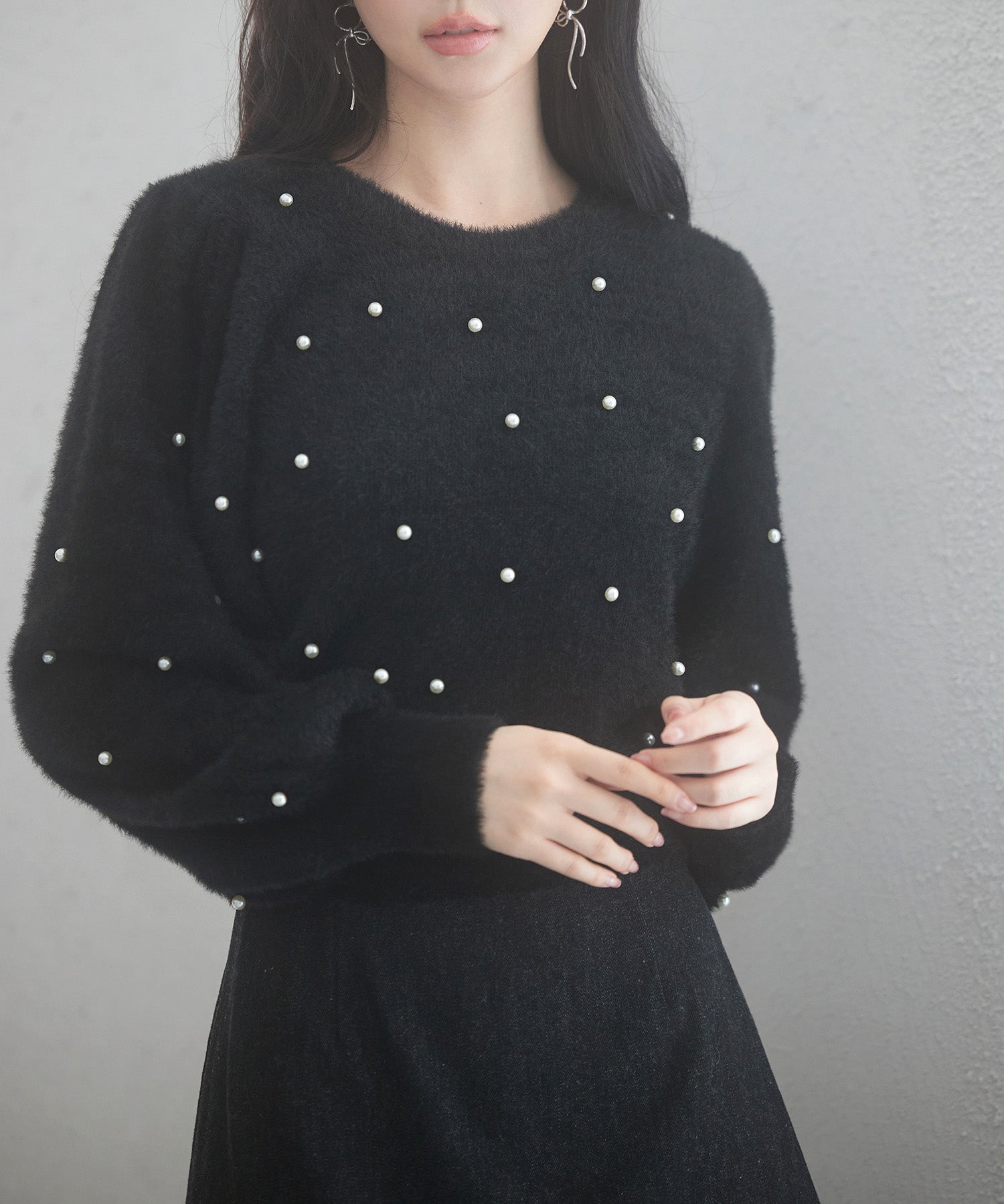 パール付きシャギー素材ニットプルオーバーsdp8020 ブラック