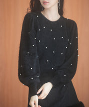 パール付きシャギー素材ニットプルオーバーsdp8020 ブラック