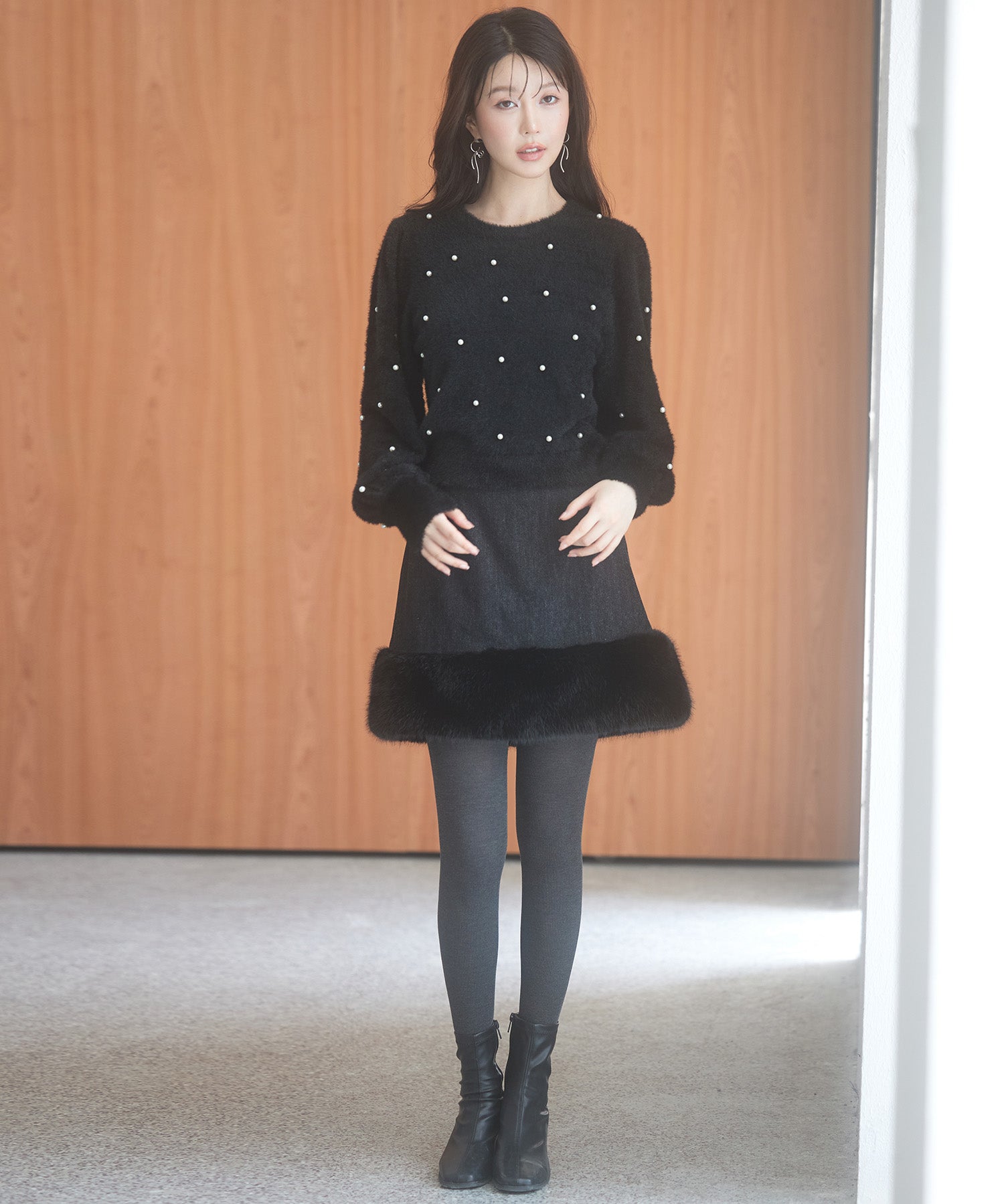 パール付きシャギー素材ニットプルオーバーsdp8020 ブラック