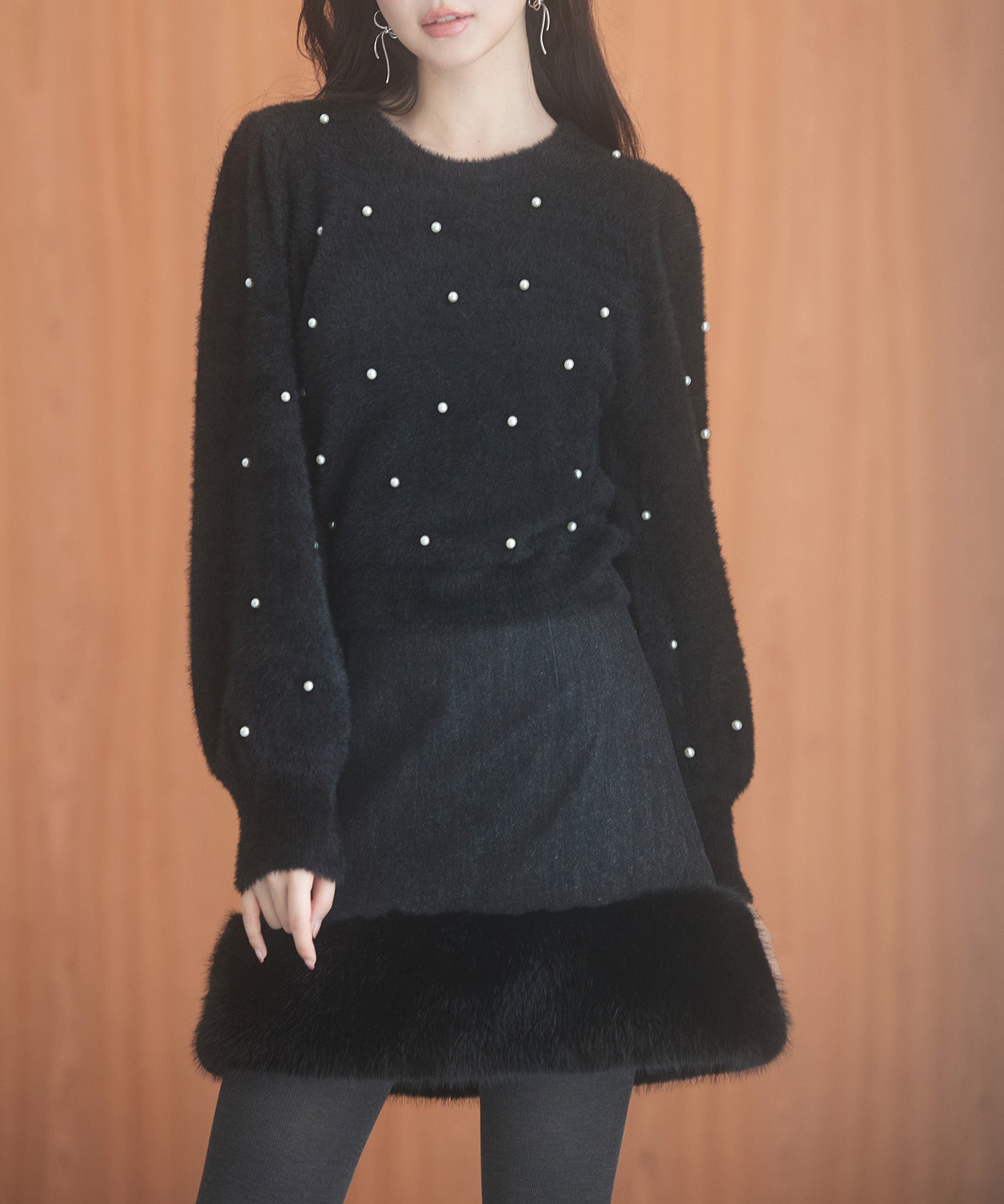 パール付きシャギー素材ニットプルオーバーsdp8020 ブラック