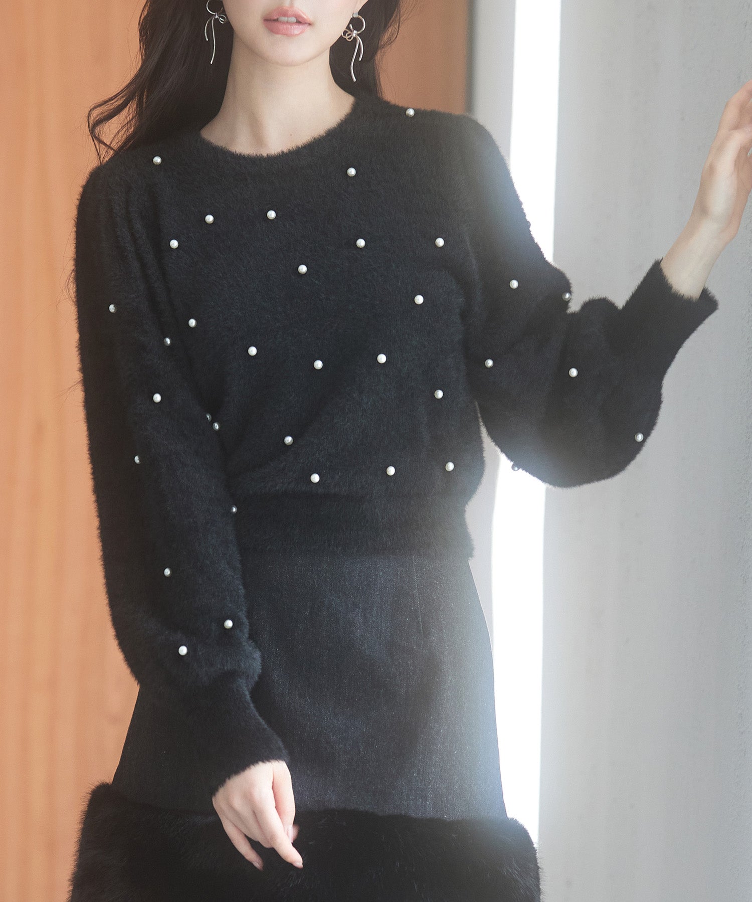 パール付きシャギー素材ニットプルオーバーsdp8020 ブラック