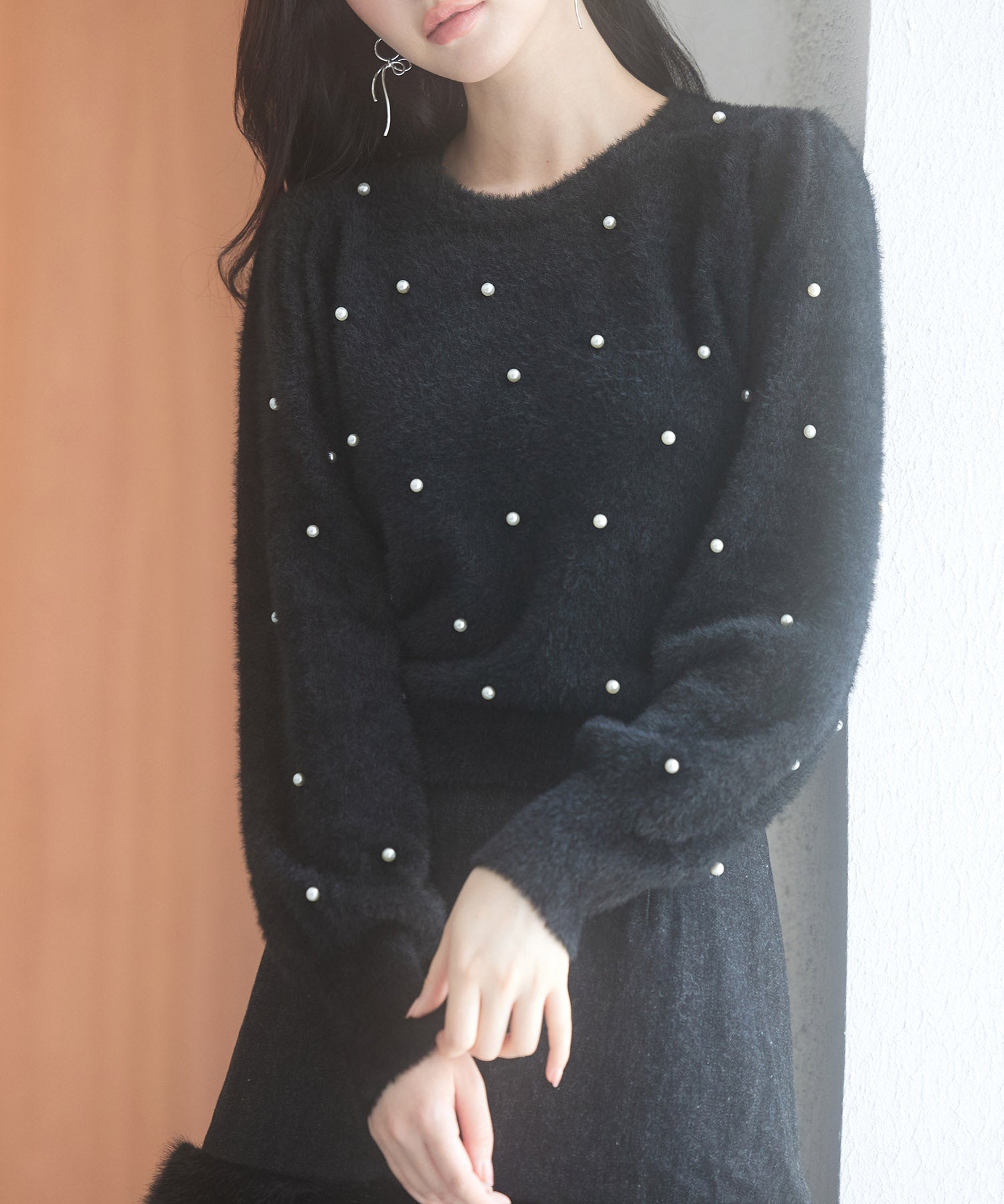 パール付きシャギー素材ニットプルオーバーsdp8020 ブラック