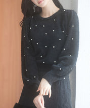 パール付きシャギー素材ニットプルオーバーsdp8020 ブラック