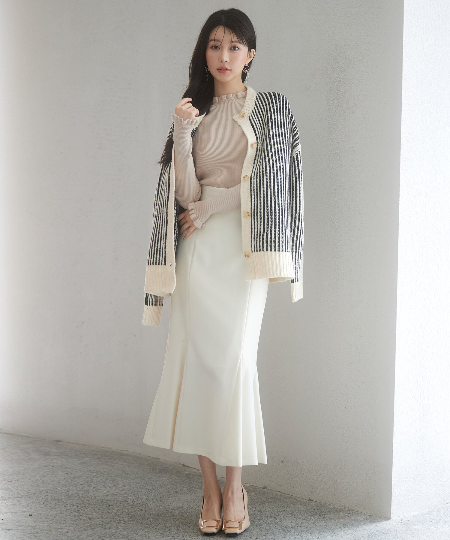 バイカラーストライプゆったりシルエニットカーディガンsdp8023 ブラック