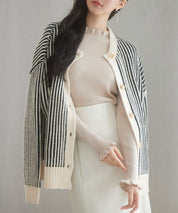 バイカラーストライプゆったりシルエニットカーディガンsdp8023 ブラック