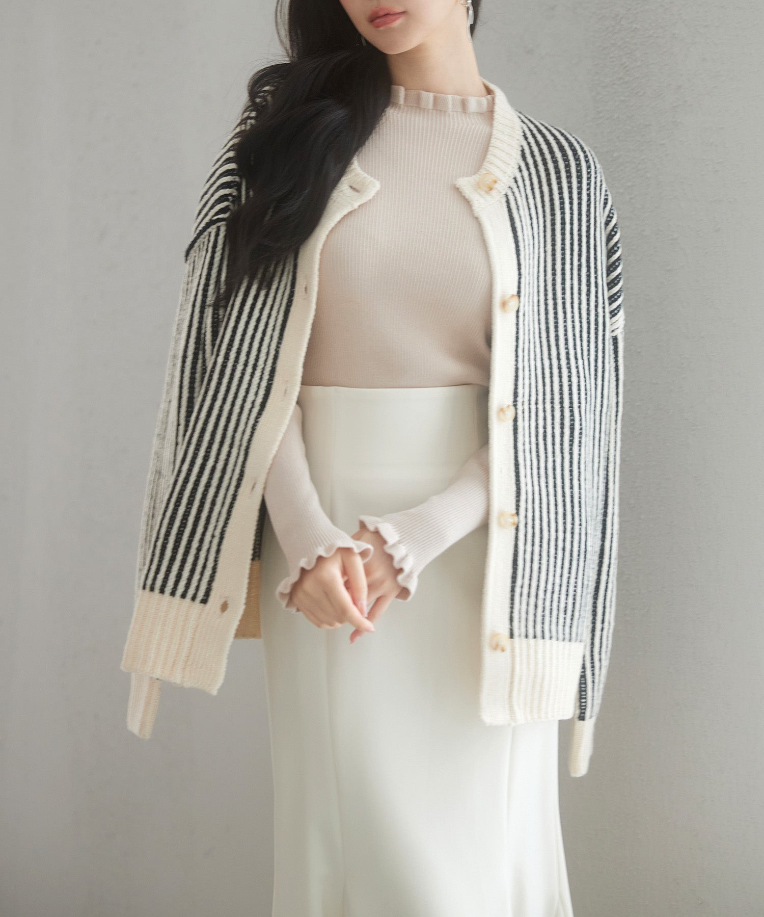 バイカラーストライプゆったりシルエニットカーディガンsdp8023 ブラック