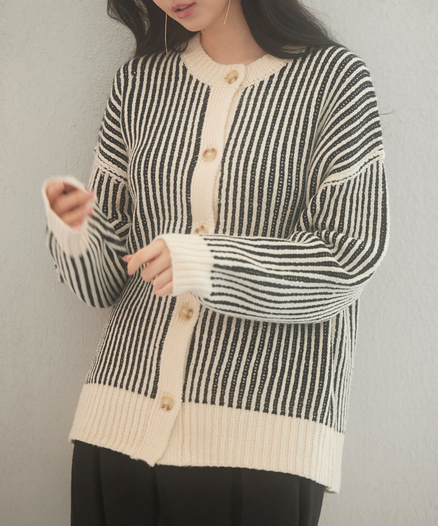 バイカラーストライプゆったりシルエニットカーディガンsdp8023 ブラック