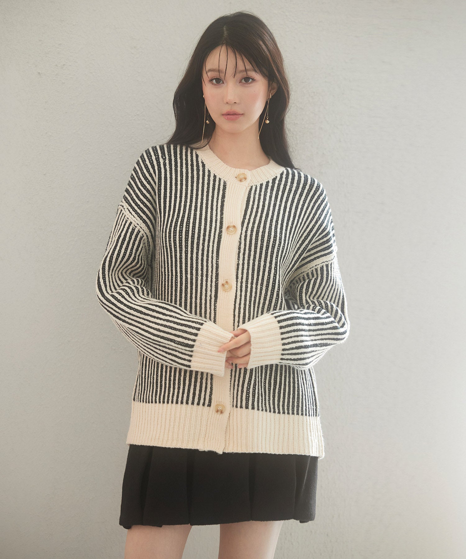 バイカラーストライプゆったりシルエニットカーディガンsdp8023 ブラック