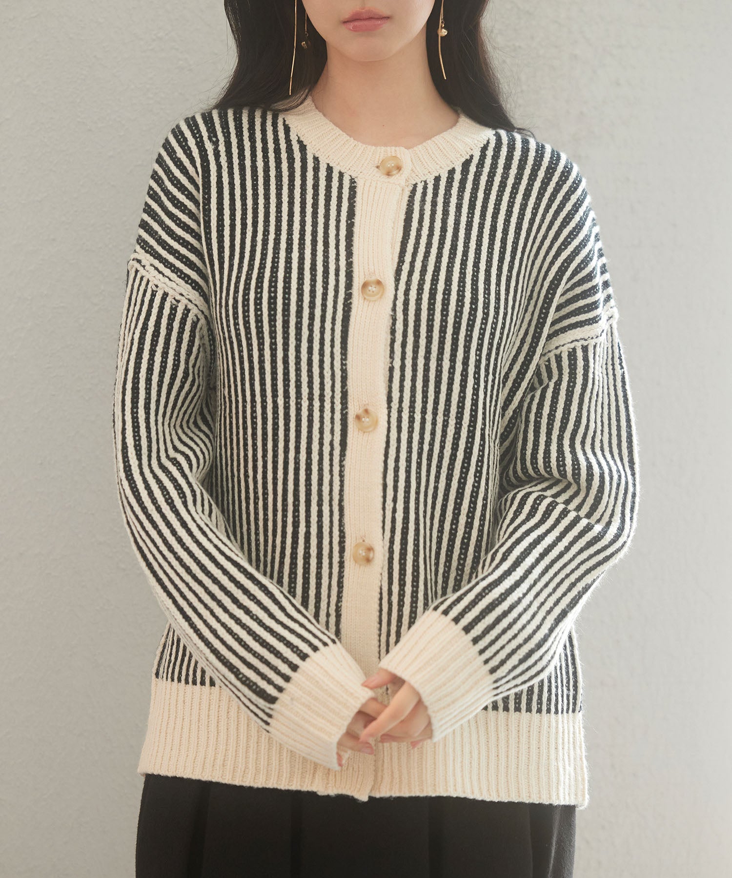 バイカラーストライプゆったりシルエニットカーディガンsdp8023 ブラック