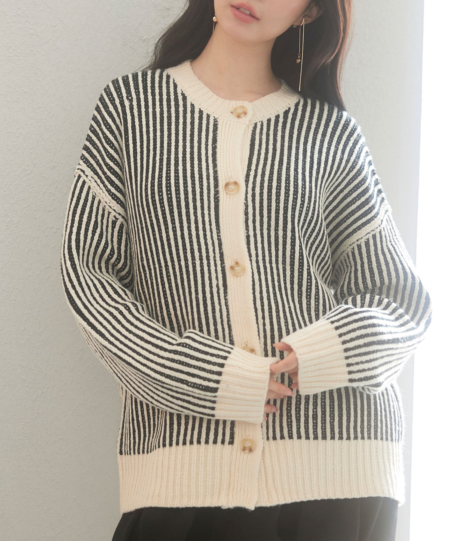 バイカラーストライプゆったりシルエニットカーディガンsdp8023 ブラック